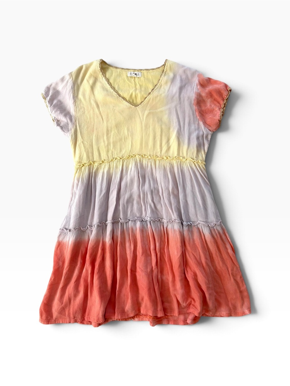 THML Whimsical Tie-Dye Cottagecore Crochet Hem Tiered Cotton Midi Dress